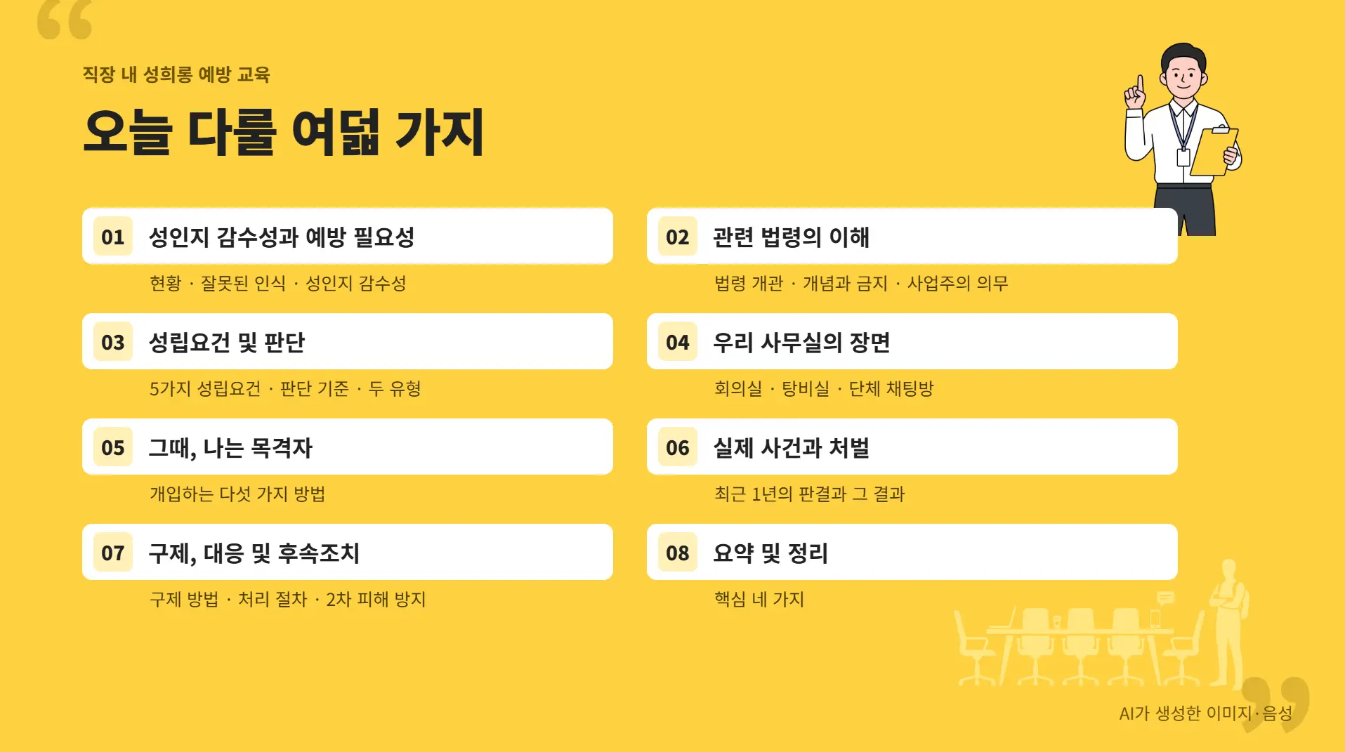 직장 내 성희롱 예방교육 오늘 다룰 여덟 가지 강의 화면