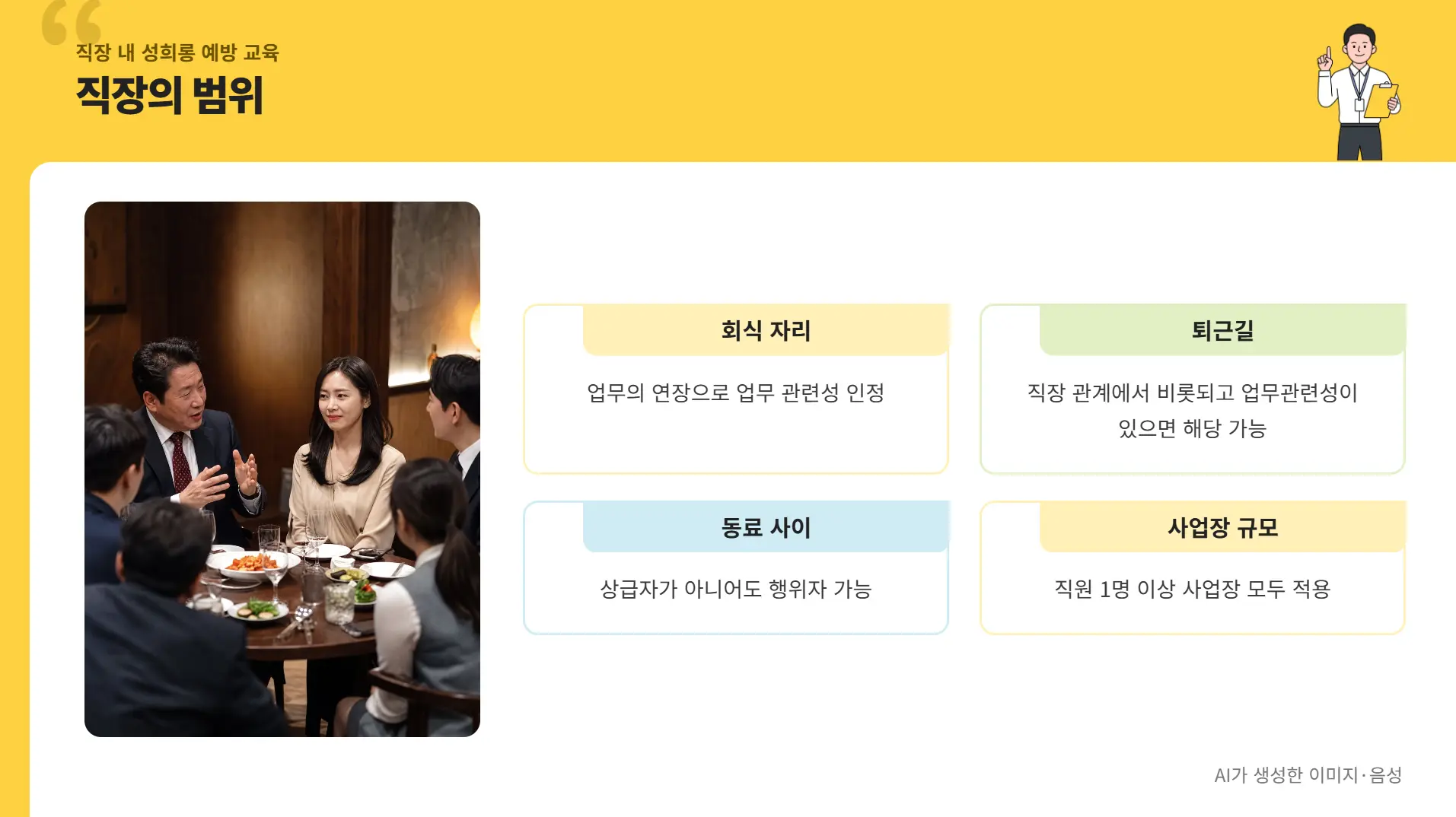 직장 회식 상황의 성희롱 사례를 설명하는 강의 화면